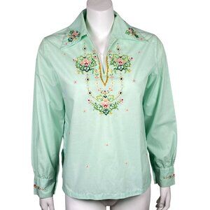Vintage Daffodil Hand Embroidered Floral Long Sleeve Blouse Womens L Green